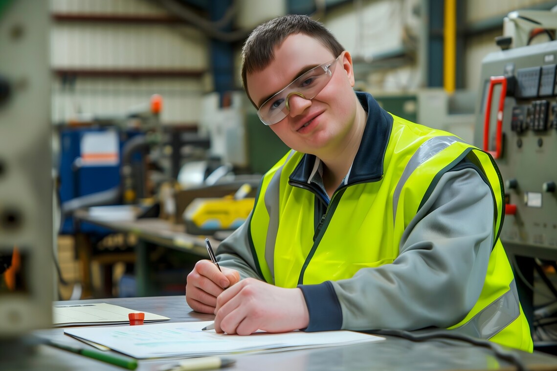 Young man with Downs Syndrome at work